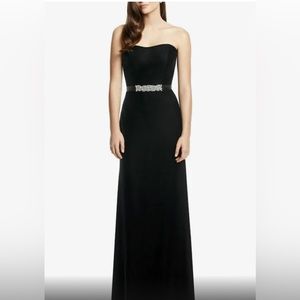 Dessy Collection black velvet dress with rhinestone belt